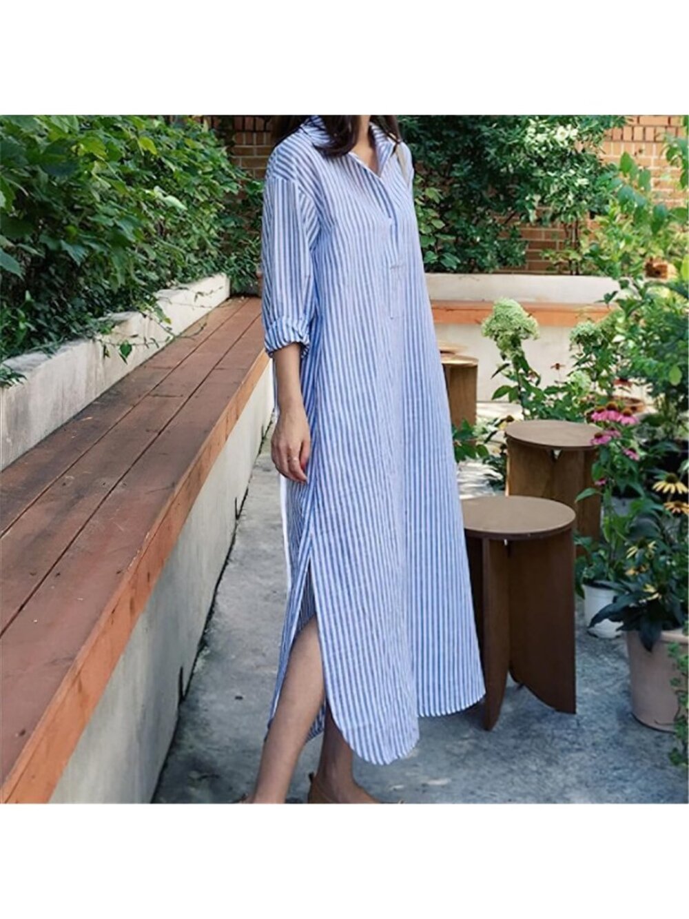 Casual Long Sleeve V-Neck Striped Maxi Dress with Pockets - Loose Cotton Shift - Picture 3 of 7